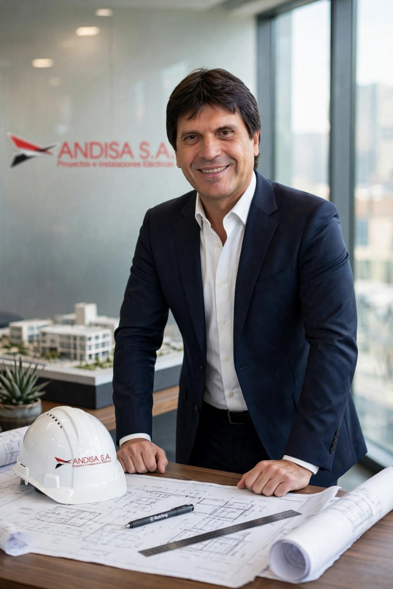 Rubén Osvaldo Lambois, fundador y responsable técnico de Andisa S.A., en la oficina de la empresa junto a planos eléctricos y un casco de obra con el logo de Andisa.